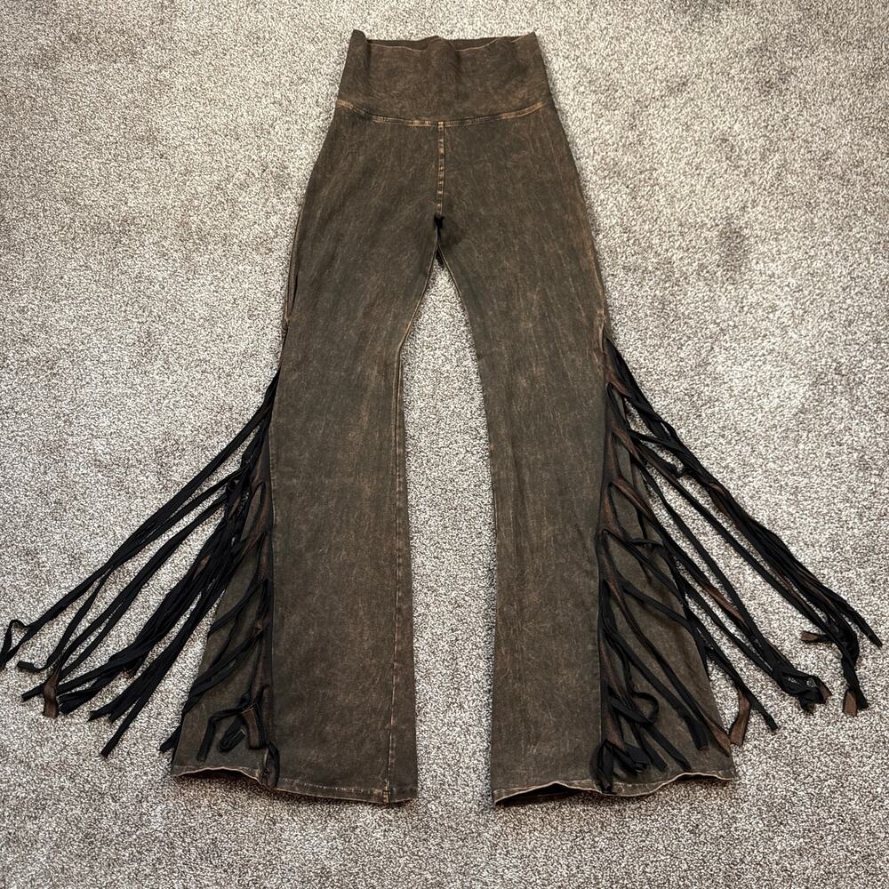 T Party Mineral Acid Wash Fringe Pants Flare Leg Boho Western Small Stretch
